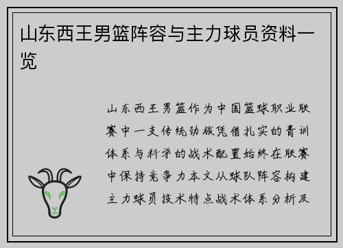 山东西王男篮阵容与主力球员资料一览